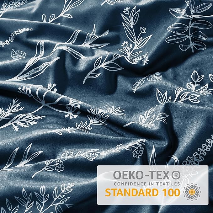 MUXHOMO Duvet Cover Full Size, Reversible Floral Navy Duvet Cover Set with Zipper Closure, 3 Pieces Botanical Patterns Soft Microfiber Bedding Set with 4 Ties (80"x90", 2 Pillow Cases)