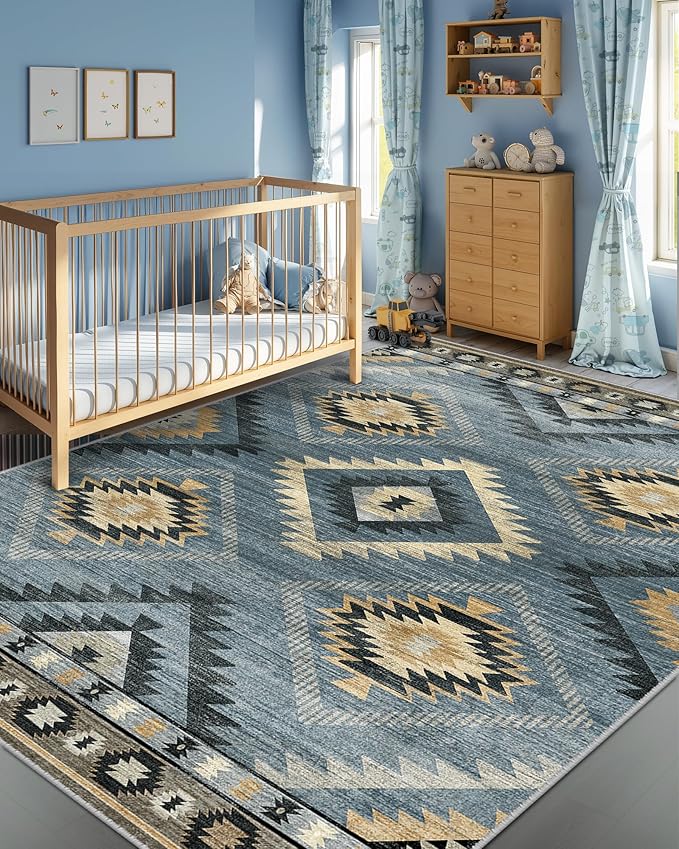 Area Rug 5x7 Rug Machine Washable Rug Non-Slip Low Pile Print Pattern Western Rug for Living Room Bedroom Entryway Tribal Series -Navy/Grey