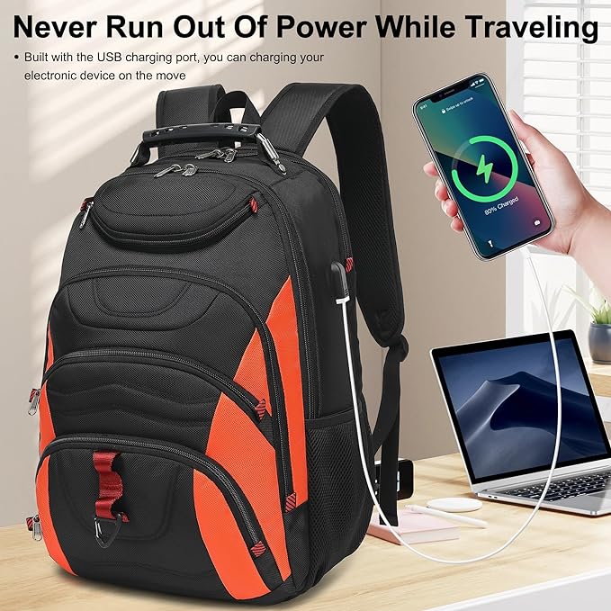 Boavan Laptop Backpack for men, 17.3 inch Laptop Bag with USB Port, Waterproof Travel Work Backpack Purse, Anti-Theft Teacher Nurse Doctor Casual Bookbags Office Business backpack,Black&Orange