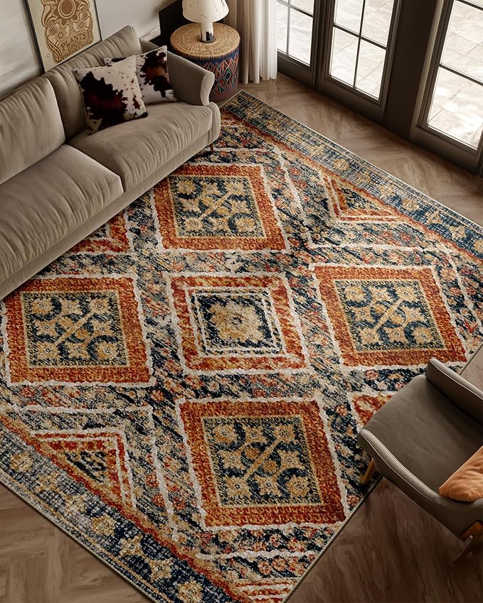 Area Rug 8x10 Rug Machine Washable Non-Slip Low Pile Print Pattern Western Rug for Living Room Bedroom Entryway Tribal Series -Orange/Brown