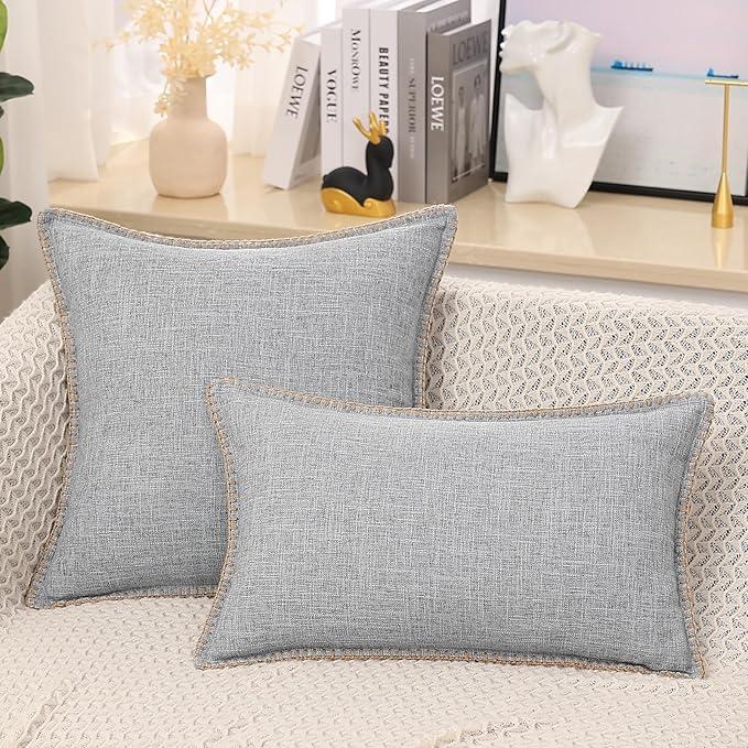 decorUhome Decorative Outdoor Throw Pillow Covers 22x22 Set of 2, Square Linen Rustic Neutral Farmhouse Euro Pillow Covers with Stitched Edge for Couch, Sofa, Living Room, Light Grey
