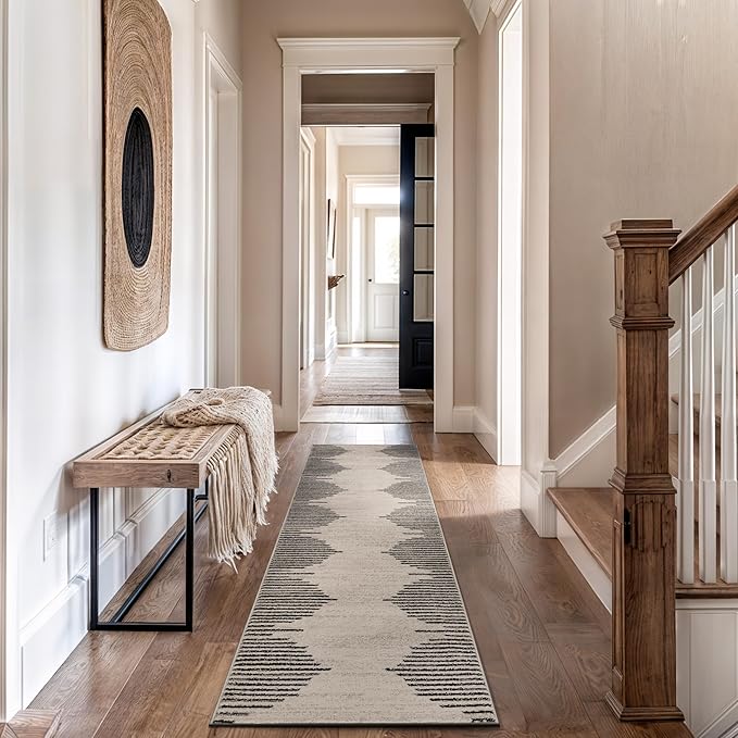 Rugshop Bohemian Stripe Stain Resistant High Traffic Living Room Kitchen Bedroom Dining Home Office Runner Rug 2' 7" x 10' Cream