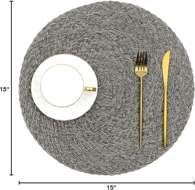 SHACOS Round Braided Placemats Set of 6 Thick Woven Placemats Washable 15 inch Circle Place Mats Non Slip Table Mats for Dining Table, Gray White
