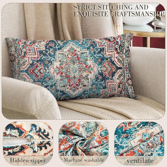 Boho Throw Pillow Covers 12x20 inch Set of 2,Boho Vintage Carpet Pattern Antique Ethnic Decor Double Sided Pattern Cushion Cover Soft Pillow Case Living Sofa Room Bed Square Pillow Cover