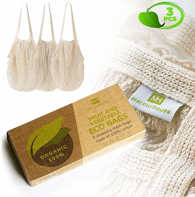 3 pack Cotton String Shopping Bags Reusable Washable Grocery Mesh Bags Organizer for Grocery Shopping Produce Net Bags with Longhandle for Fruit Vegetable Storage