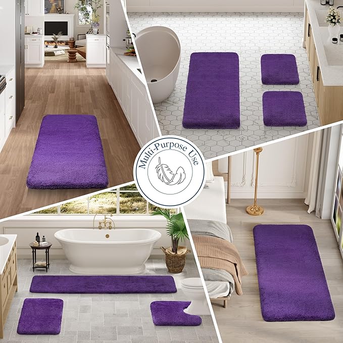 Walensee Contour Rug (20x24, Dark Purple) Non Slip Bath Mat for Bathroom - Water Absorbent Soft Microfiber Shaggy Mat Machine Washable U Shape Toilet Rug