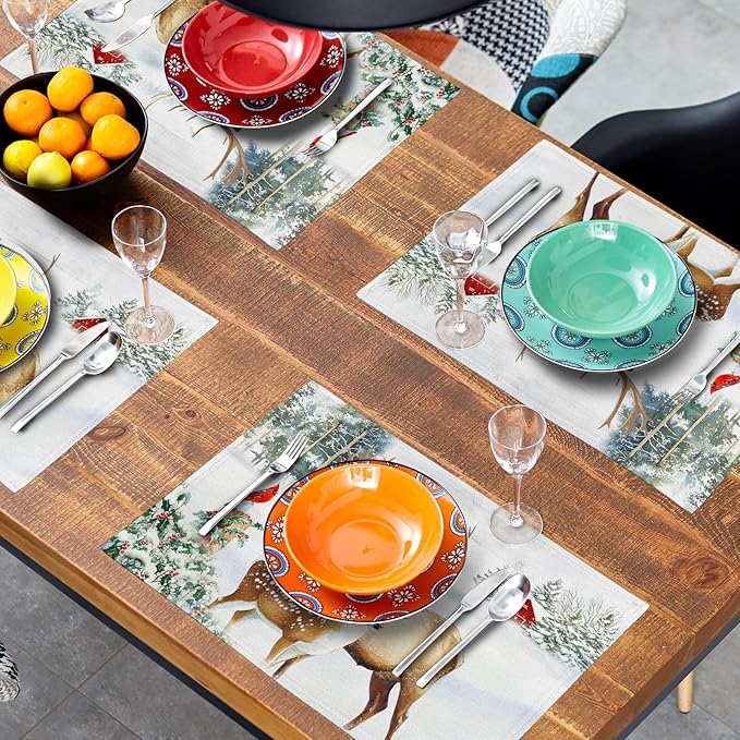 Giwawa Winter Deer Placemats Set of 4 12x18 Inch Christmas Reindeers Elk Moose Place Mat Xmas Trees Snow Wildlife Table Mats Washable Stain Resistance for Kitchen Dining Seasonal Party Decor