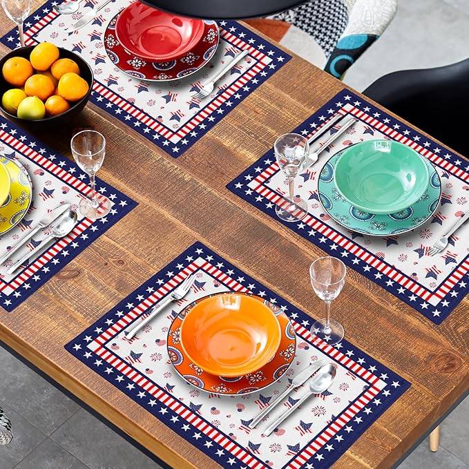Giwawa 4th of July Placemats for Kitchen Dining, 12x18Inch Patriotic American Flag USA Stars Linen Table Place Mats Non-Slip Heat Resistance Set of 4 for Independence Day Holiday Party Decor