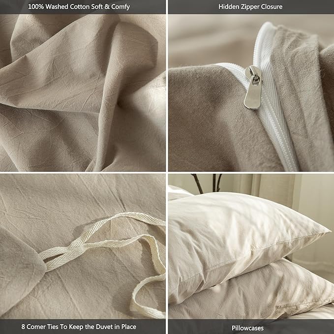 MooMee Bedding Duvet Cover Set 100% Washed Cotton Linen Like Textured Breathable Durable Soft Comfy (Solid Light Camel, Oversized Queen 98"x98")