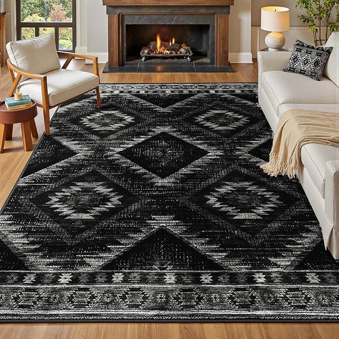 Area Rug 5x7 Rug Machine Washable Non-Slip Low Pile Print Pattern Western Rug for Living Room Bedroom Entryway Tribal Series -Black