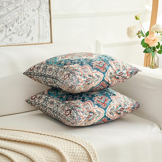 Boho Throw Pillow Covers 22x22 inch Set of 2,Boho Vintage Carpet Pattern Antique Ethnic Decor Double Sided Pattern Cushion Cover Soft Pillow Case Living Sofa Room Bed Square Pillow Cover