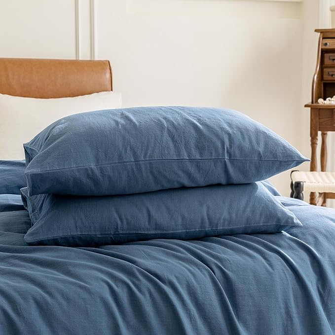 FOSSA Duvet Cover Set 100% Washed Cotton 3 Pieces Bedding Set Twill Soft Cozy Breathable Sturdy Substantial with Textured Weave Solid Federal Blue King