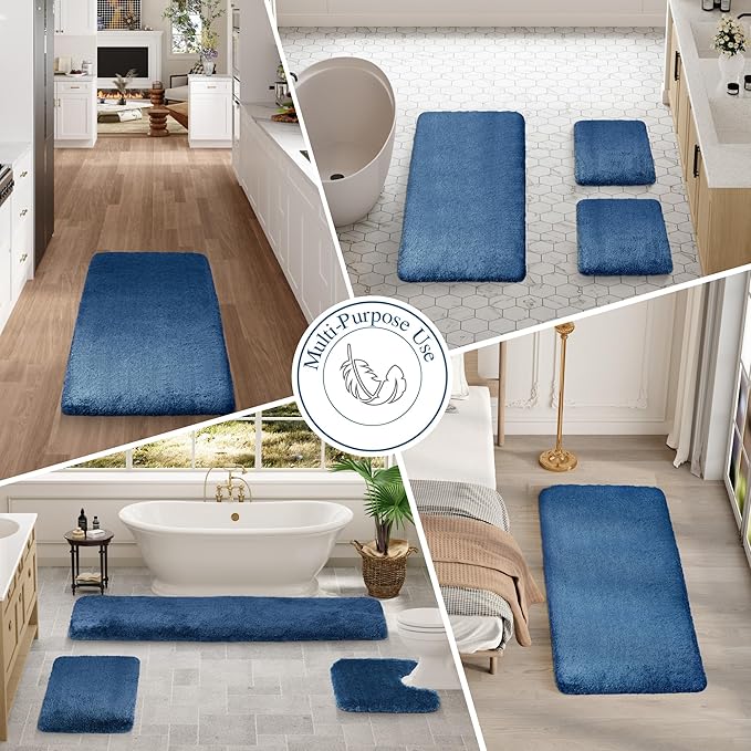 Walensee Contour Rug (20x24, Navy) Non Slip Bath Mat for Bathroom Water Absorbent Soft Microfiber Shaggy Mat Machine Washable U Shape Toilet Rug