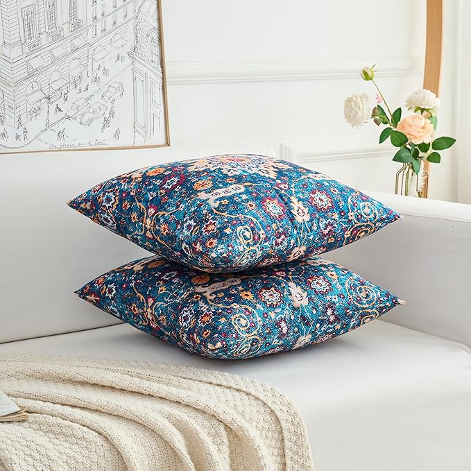 Boho Throw Pillow Covers 20x20 inch Set of 2,Boho Vintage Carpet Pattern Antique Ethnic Decor Double Sided Pattern Cushion Cover Soft Pillow Case Living Sofa Room Bed Square Pillow Cover