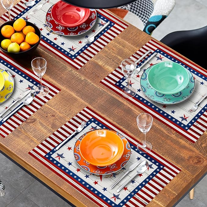 Giwawa 4PCs Patriotic Stars Placemats, 4th of July America Star Wreath Table Mat for Kitchen Dining, Independence Day Decorative Washable Linen Place Mat 12x18in for Holiday Party Picnic