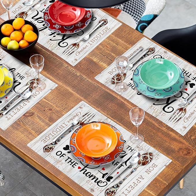 Giwawa The Kitchen is The Heart of The Home Placemats Set of 4, 12x18 Inch Farmhouse Vintage Style Cooking Sets Linen Table Place Mats Non-Slip Heat Resistance for Kitchen Dining Party Decor