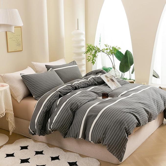 ECOCOTT 3 Pieces Duvet Cover Set King 100% Washed Cotton 1 Duvet Cover with Zipper and 2 Pillowcases, Ultra Soft and Easy Care Breathable Cozy Simple Style Bedding Set(Grey Stripes)