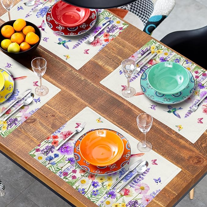Giwawa Hummingbird Flower Placemats Set of 4, 12"x18" Watercolor Spring Herb Floral Table Mats, Wildflower Botanical Stain Resistant Washable Linen Place Mat for Kitchen Dining Party Decor