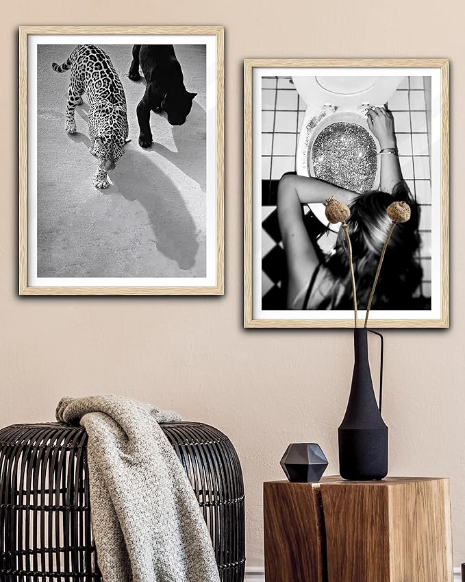 EcoHest Cheetah and Jaguar Walking Framed Wall Art, Large 16x20 in OAK Wood Vintage Black and White Funny Bathroom Canvas Art, Fashion 1950s Decor, Beige Logs Set of 1 for Bedroom Living Room