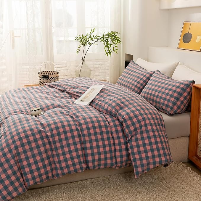 ECOCOTT Duvet Cover Set, 100% Washed Cotton Linen-Like Textured Soft & Breathable, Durable Comfy Bedding Set for All Seasons King Size, Purple Pink Plaid