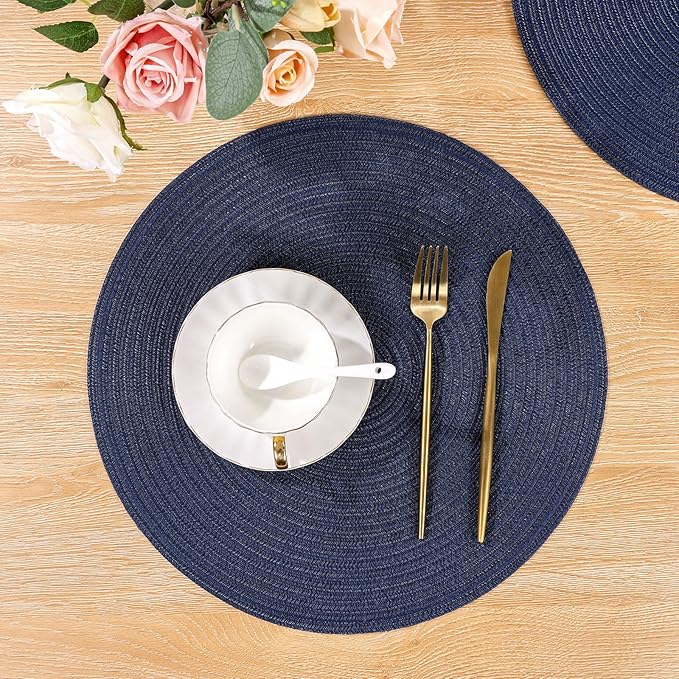 SHACOS Round Placemats Set of 4 Washable 15 inch Round Table Mats Cotton Polyester Woven Braided Place Mats for Dining Table, Navy