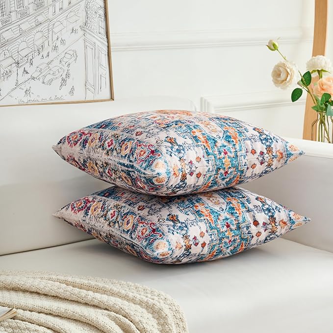 Boho Throw Pillow Covers 18x18 inch Set of 2,Boho Vintage Carpet Pattern Antique Ethnic Decor Double Sided Pattern Cushion Cover Soft Pillow Case Living Sofa Room Bed Square Pillow Cover