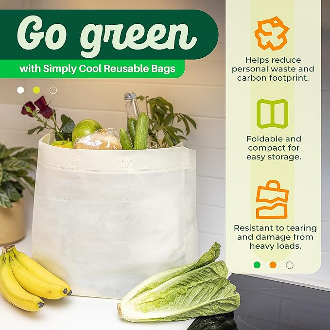 Simply Cool Reusable Grocery Bags Eco-Friendly - Large Reusable Shopping Bags, Heavy Duty Grocery Bags, 14.5"x14"x6.6" Foldable, Tote Bags Bulk (50 Pack, Cream)