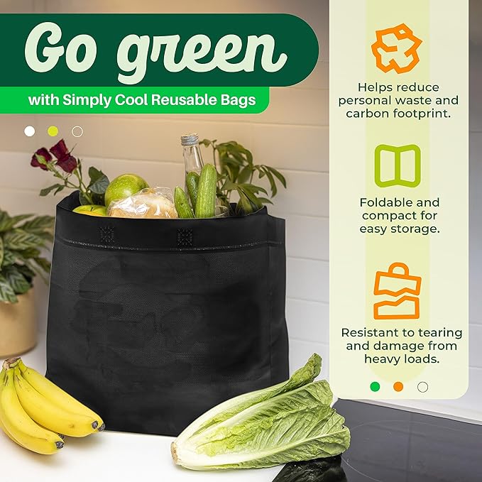 Simply Cool 200 Pack Black Reusable Eco-Friendly Large Grocery Shopping Bags 14.5"x14"x6.6" Durable Recyclable Shopping Bags Washable Foldable Portable Tote Bags Bulk