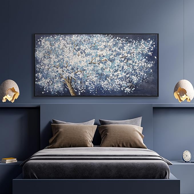 Wall Art Canvas Oil Painting Dark Blue And White Abstract Tree Plants Wall Decor Pictures Framed For Bedroom Canvas Wall Decorations Artwork For Living Room Dinning Room Home Office 20 X 40 Inch