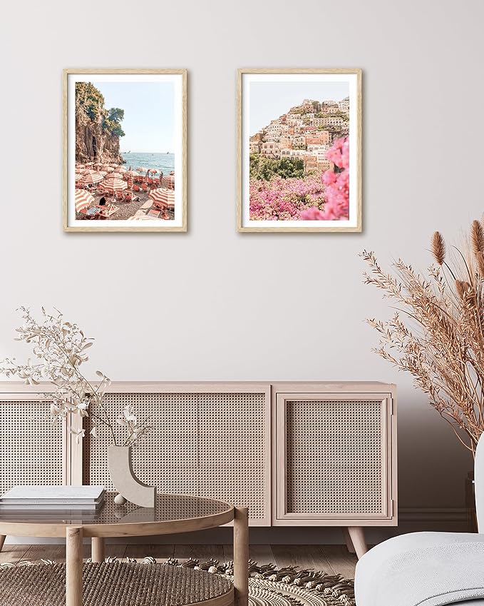 HesenDot Natural OAK Wood Amalfi Coast Framed Wall Art,12x16in Italy Beach Canvas Wall Print, Pink Flowers House Boho Wall Decor for Living Room,Bedroom,Office Gallery Gifts Set of 1