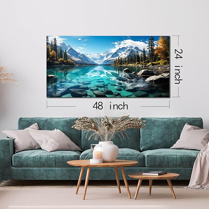 LAOTOART Snowy Mountain Wall Canvas Art for Living Room - Natural Landscape Art Work for Office Walls - Teal Bedroom Wall Decor Above Bed Size 24" x 48"