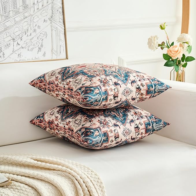 Boho Throw Pillow Covers 18x18 inch Set of 2,Boho Vintage Carpet Pattern Antique Ethnic Decor Double Sided Pattern Cushion Cover Soft Pillow Case Living Sofa Room Bed Square Pillow Cover