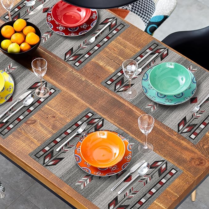 Giwawa Southwestern Placemats, Grey Red Tribal Geometric Decorative Table Mats, Native American Ethnic Farmhouse Non-Slip Place Mat for Dining Kitchen Party, 12x18Inch, Set of 4