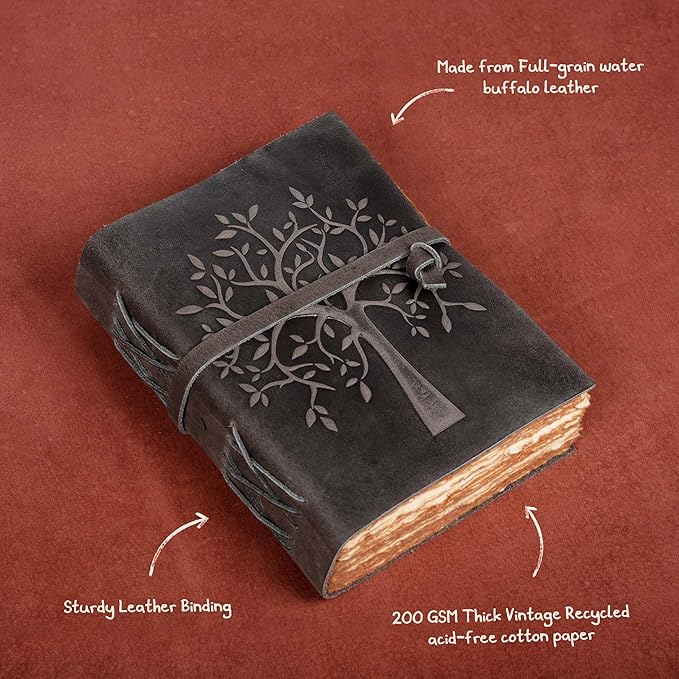 LEATHER VILLAGE Tree of Life Journal - 13 X 8 inches - Black - 200 Antique Deckle Edge Handmade Paper – Book of Shadows - Vintage Leather Bound Journal for Women & Men