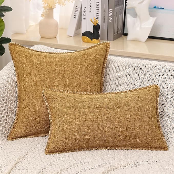 decorUhome Decorative Outdoor Throw Pillow Covers 12x20 Set of 2, Lumbar Linen Rustic Neutral Farmhouse Euro Pillow Covers with Stitched Edge for Couch, Sofa, Living Room, Bronze Gold