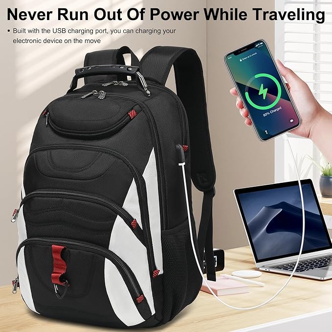 Boavan Laptop Backpack for men, 17.3 inch Laptop Bag with USB Port, Waterproof Travel Work Backpack Purse, Anti-Theft Teacher Nurse Doctor Casual Bookbags Office Business backpack,White