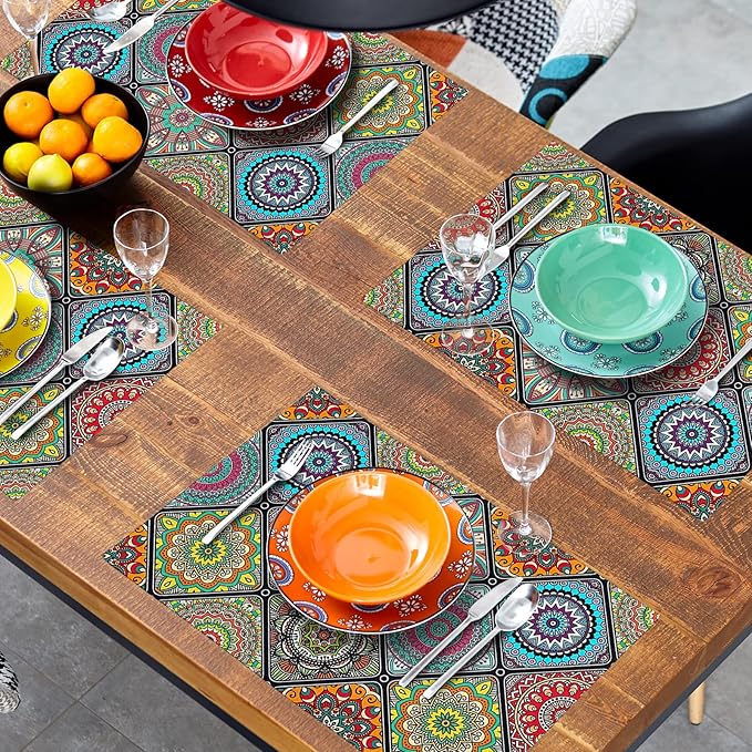 Giwawa Boho Mandala Placemats, Mexican Ethnic Traditional Pattern with Geometric Plaids, Abstract Flower Washable Linen Table Place Mats Set of 4 for Dining Kitchen Party, 12"x18"