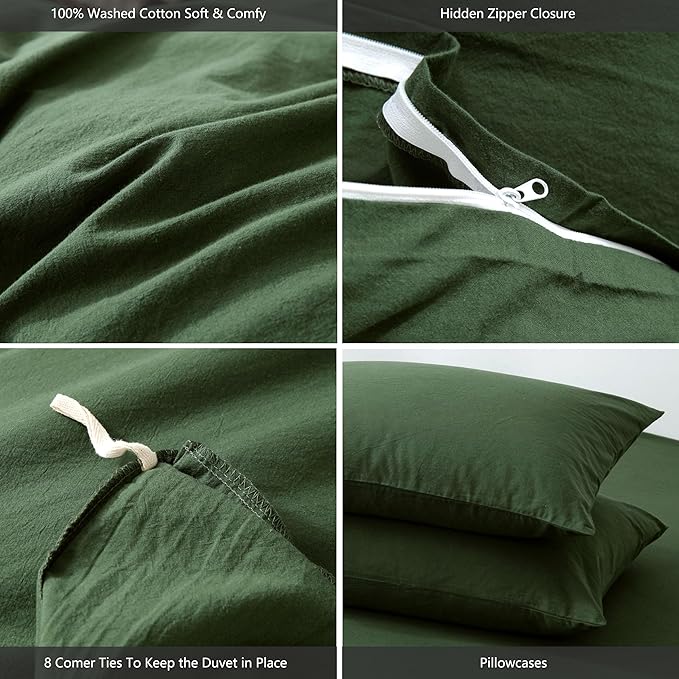 MooMee Bedding Duvet Cover Set 100% Washed Cotton Linen Like Textured Breathable Durable Soft Comfy (Solid Forest Green, Oversized King Plus 128"x120")