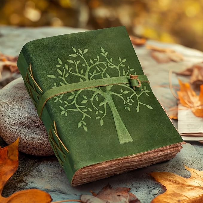LEATHER VILLAGE Tree of Life Journal - 13 X 8 inches - Green - 200 Antique Deckle Edge Handmade Paper – Book of Shadows - Vintage Leather Bound Journal for Women & Men