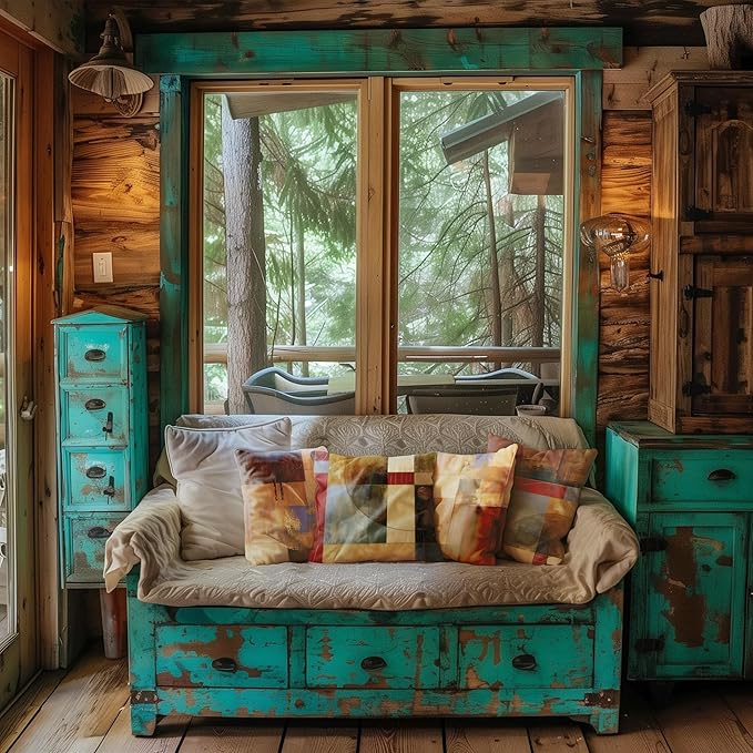 Vintage Geometric Decor Linen Throw Pillow Case, 24 x 24 Inch Set of 4, New Living Room Decor, Housewarming Gift, Modern Decor, Mid-Century Modern Style Cushion Cover for Sofa Couch Bed.