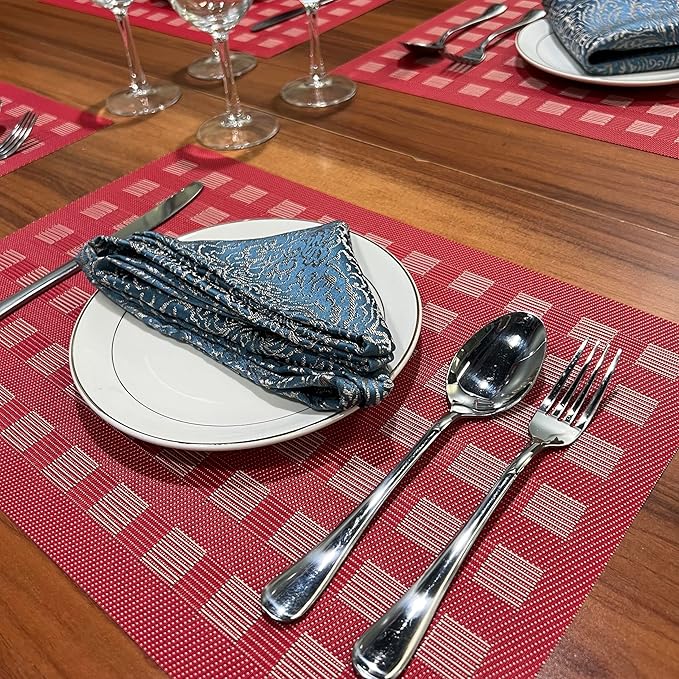 Placemat,Blending Color Durable Woven Vinyl Placemat Washable Heat-Resistant Anti-Skid Kitchen Dining Table Mats (Set of 8, Red)