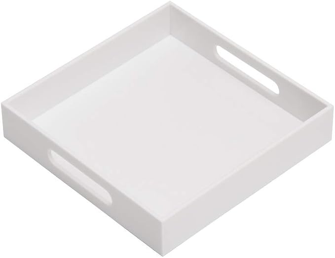 Glossy White Sturdy Acrylic Serving Tray with Handles-10x10Inch-Serving Coffee,Appetizer,Breakfast,Butler-Kitchen Countertop-Makeup Drawer Organizer-Vanity Table,Ottoman Tray-Decorative Tray