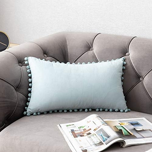 DEZENE Throw Pillow Cases 12x20 Light-Blue: 2 Pack Cozy Soft Pom-poms Velvet Rectangular Decorative Pillow Covers for Farmhouse Home Decor