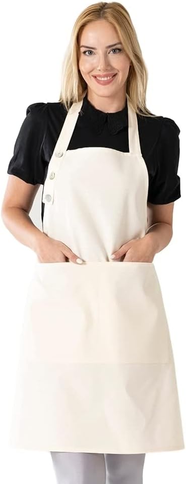 TOSHE Kitchen Apron Waterdrop Resistant Cotton Apron with adjustable Aprons for Women with Pockets 10 Color option Cooking Cream Apron (Cream)