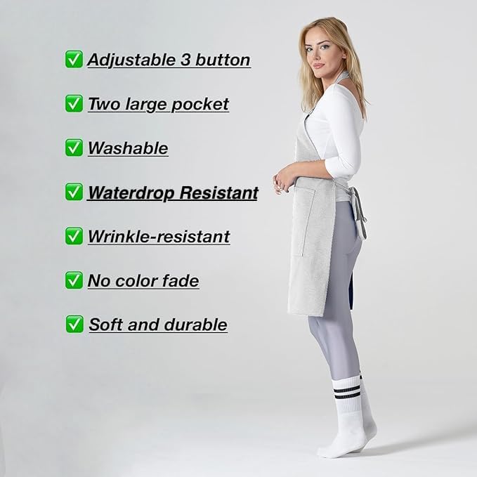 TOSHE Kitchen Apron Waterdrop Resistant Cotton Apron with adjustable Aprons for Women with Pockets 10 Color option Cooking Silver Apron (Silver)