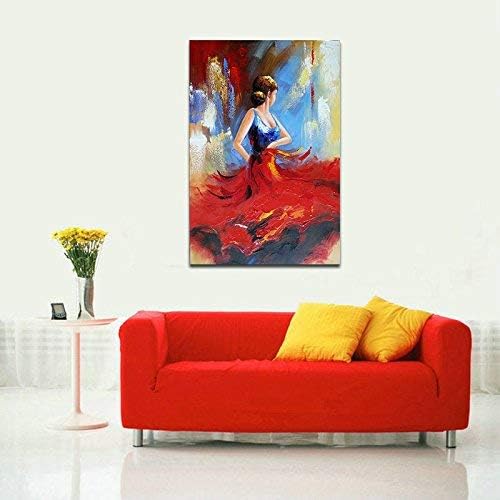 Wieco Art Flying Skirt Abstract Dancing People Oil Paintings on Canvas Wall Art work for Living Room Bedroom Home Decorations Wall Decor Large Modern Stretched and Framed Red Girl Dancer Artwork 24x36