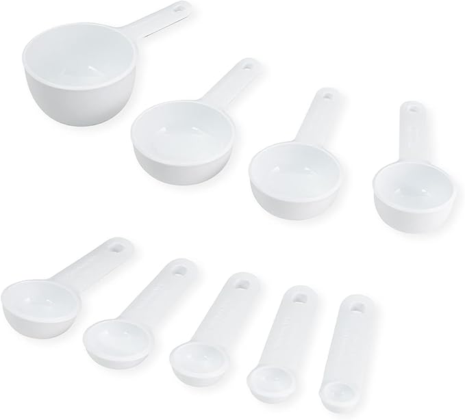 KitchenAid Universal Easy To Read Measuring Cup and Spoon Set with Soft Grip Handle for Maximum Control, Hang Hole and Nesting For Easy Storage, Dishwasher Safe, 9 Piece, White