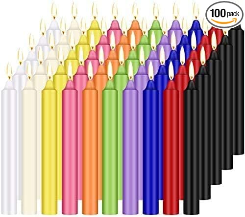 100 pcs Unscented Assorted Colors Mini Taper Candle | 4" Tall x 1/2" Diameter | Great for Casting Chimes, Rituals, Spells