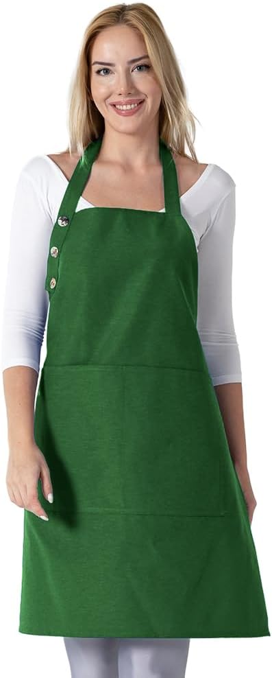 TOSHE Kitchen Apron Waterdrop Resistant Cotton Apron with adjustable Aprons for Women with Pockets 12 Color option Cooking Green Apron (Green)