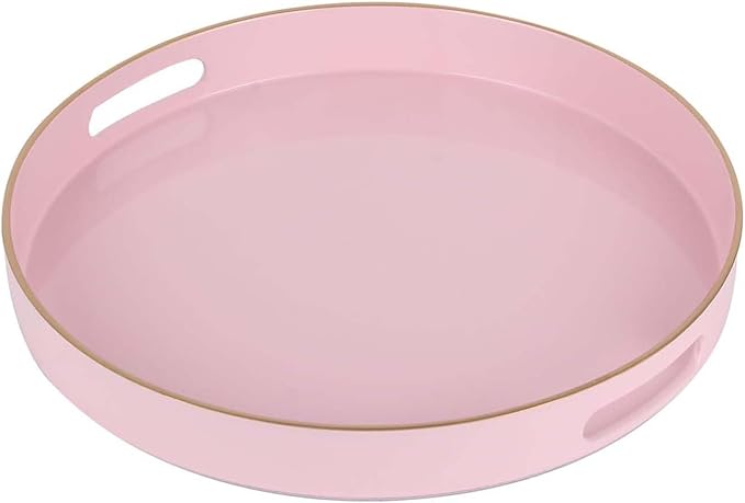 Pink Decorative Tray,Elegant Round Plastic Serving Tray with Handles,Round Ottoman Trays Coffee Table Trays for Living Room,Home Decor 13"